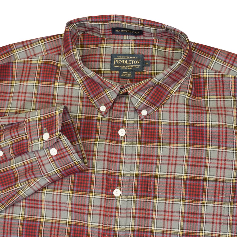 Pendleton Button Down Shirt Mens XL Red Grey Plaid Sir Pendleton Virgin Wool